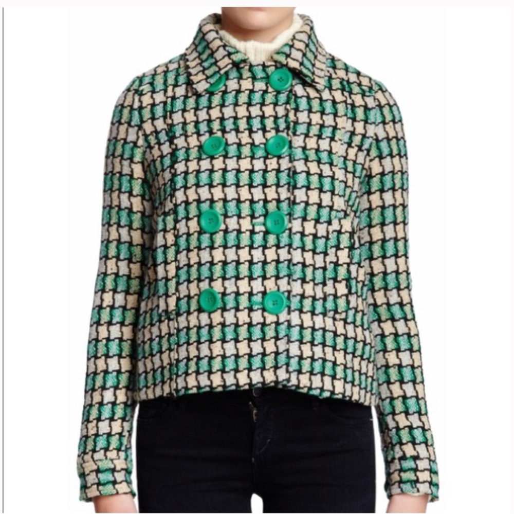 NWT Vertigo Paris Green Double Breasted Tweed Coat M
